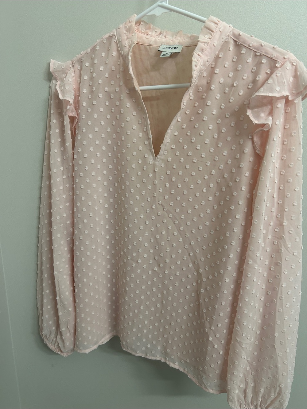 J. Crew Light Pink Swiss Dot Ruffle Peasant Blouse